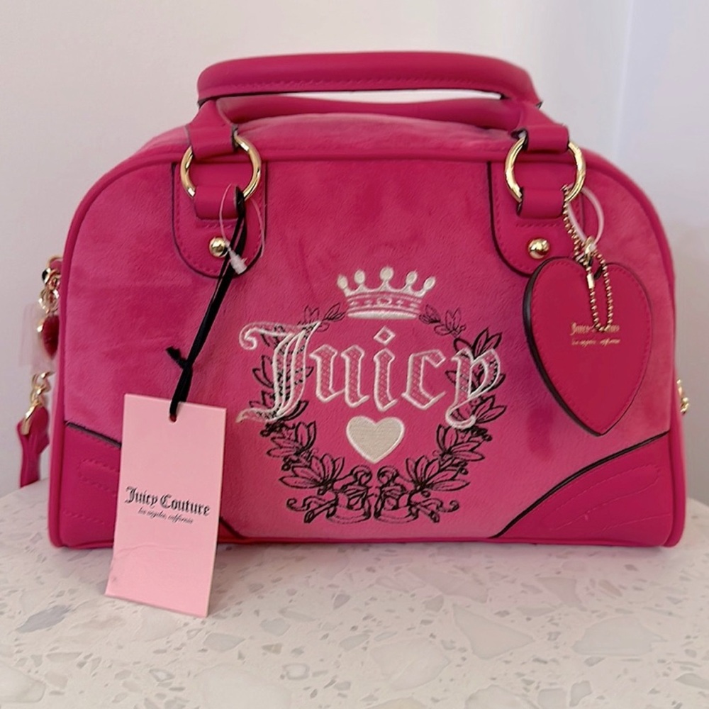 Juicy Couture Pink Heritage Satchel Bag Y2K Crown Logo Heart Barrel Purse